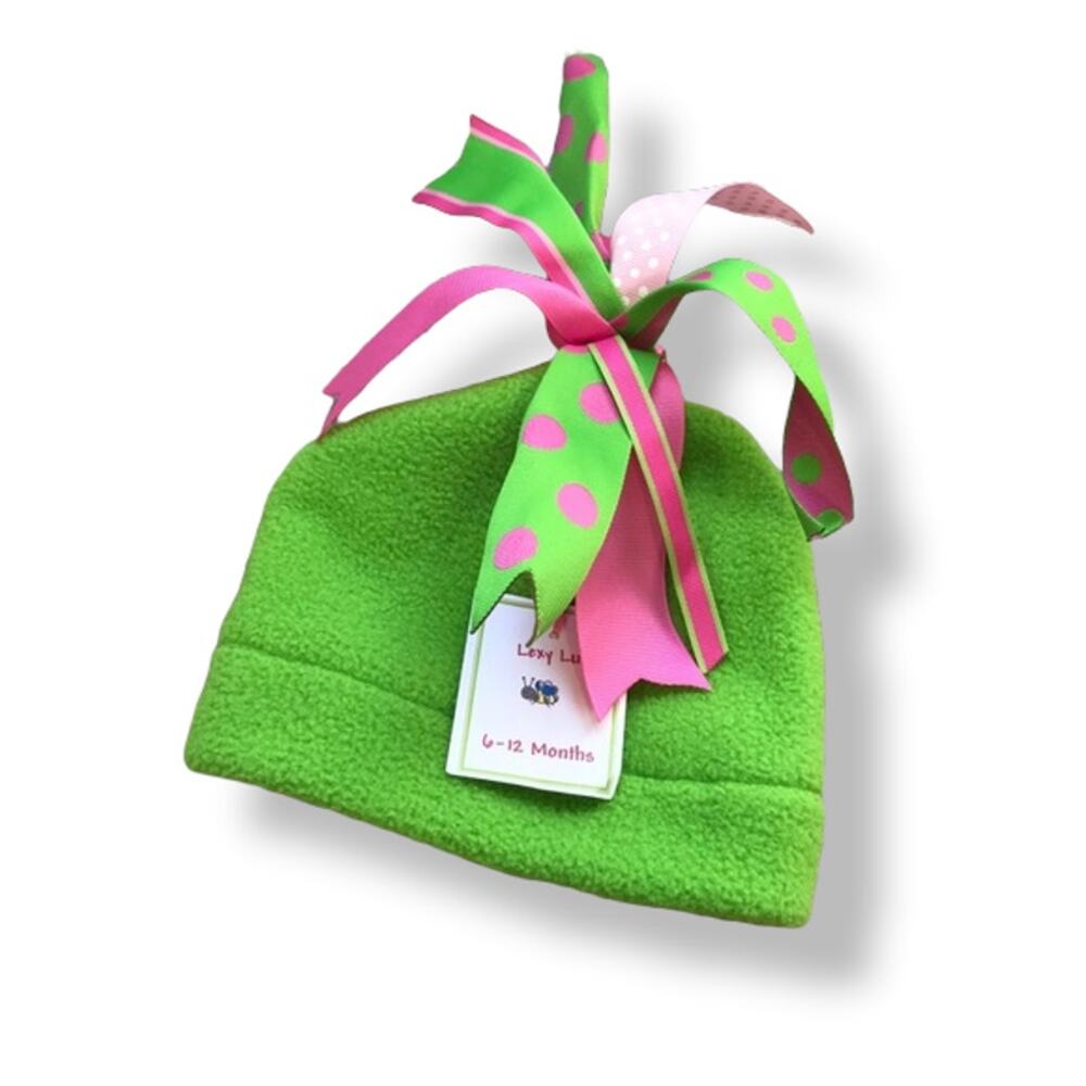 Lexy Lu Girls Hat Sz 6-12 Months Pink Green Fleece Grosgrain Ribbon Tassel NEW